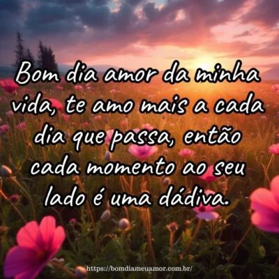 Bom dia amor da minha vida, te amo mais a cada dia que passa, então cada momento ao seu lado é uma dádiva. Bom dia amor da minha vida, te amo mais a cada dia que passa, então cada momento ao seu lado é uma dádiva.