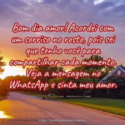 Bom dia amor! Acordei com um sorriso no rosto, pois sei que tenho você para compartilhar cada momento. Veja a mensagem no WhatsApp e sinta meu amor.
