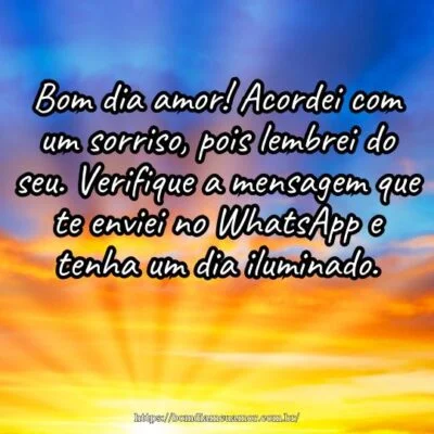 Bom dia amor! Acordei com um sorriso, pois lembrei do seu. Verifique a mensagem que te enviei no WhatsApp e tenha um dia iluminado.