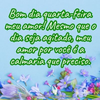Bom dia quarta-feira meu amor! Mesmo que o dia seja agitado, meu amor por você é a calmaria que preciso. Bom dia quarta-feira meu amor! Mesmo que o dia seja agitado, meu amor por você é a calmaria que preciso.