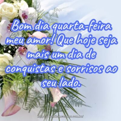 Bom dia quarta-feira meu amor! Que hoje seja mais um dia de conquistas e sorrisos ao seu lado. Bom dia quarta-feira meu amor! Que hoje seja mais um dia de conquistas e sorrisos ao seu lado.