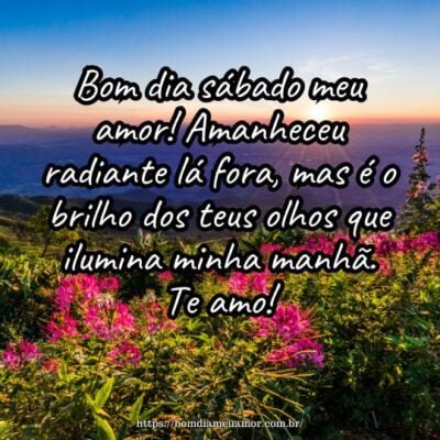 Bom dia sábado meu amor! Amanheceu radiante lá fora, mas é o brilho dos teus olhos que ilumina minha manhã. Te amo! Bom dia sábado meu amor! Amanheceu radiante lá fora, mas é o brilho dos teus olhos que ilumina minha manhã. Te amo!
