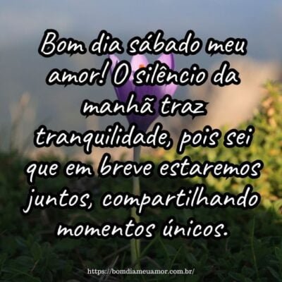 Bom dia sábado meu amor! O silêncio da manhã traz tranquilidade, pois sei que em breve estaremos juntos, compartilhando momentos únicos. Bom dia sábado meu amor! O silêncio da manhã traz tranquilidade, pois sei que em breve estaremos juntos, compartilhando momentos únicos.