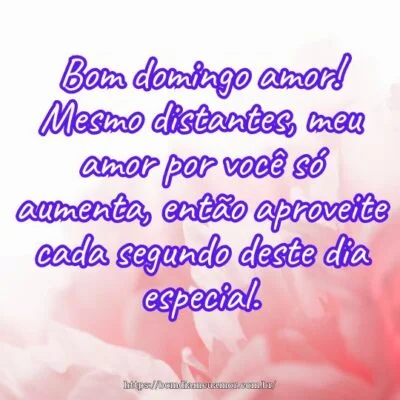 Bom domingo amor! Mesmo distantes, meu amor por você só aumenta, então aproveite cada segundo deste dia especial. Bom domingo amor! Mesmo distantes, meu amor por você só aumenta, então aproveite cada segundo deste dia especial.