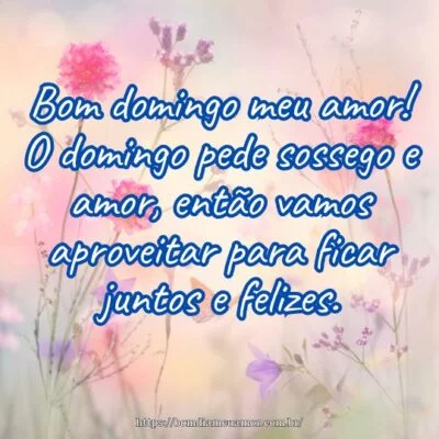 Bom domingo meu amor! O domingo pede sossego e amor, então vamos aproveitar para ficar juntos e felizes. Bom domingo meu amor! O domingo pede sossego e amor, então vamos aproveitar para ficar juntos e felizes.