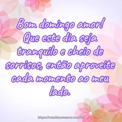 Bom domingo amor! Que este dia seja tranquilo e cheio de sorrisos, então aproveite cada momento ao meu lado. Bom domingo amor! Que este dia seja tranquilo e cheio de sorrisos, então aproveite cada momento ao meu lado.