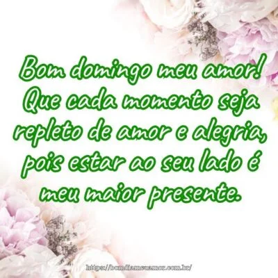Bom domingo meu amor! Que cada momento seja repleto de amor e alegria, pois estar ao seu lado é meu maior presente. Bom domingo meu amor! Que cada momento seja repleto de amor e alegria, pois estar ao seu lado é meu maior presente.