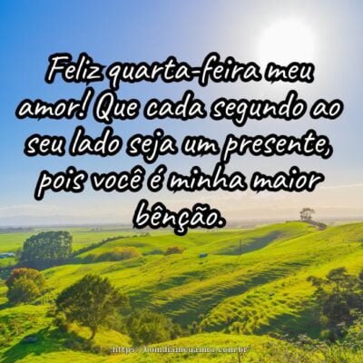 Feliz quarta-feira meu amor! Que cada segundo ao seu lado seja um presente, pois você é minha maior bênção. Feliz quarta-feira meu amor! Que cada segundo ao seu lado seja um presente, pois você é minha maior bênção.