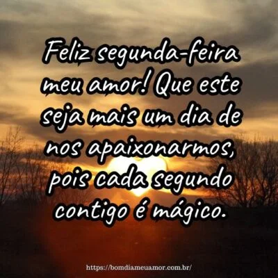 Feliz segunda-feira meu amor! Que este seja mais um dia de nos apaixonarmos, pois cada segundo contigo é mágico. Feliz segunda-feira meu amor! Que este seja mais um dia de nos apaixonarmos, pois cada segundo contigo é mágico.