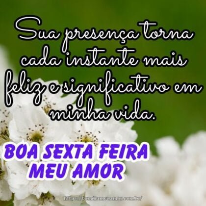 Boa sexta-feira meu amor, pois sua presença torna cada instante mais feliz e significativo em minha vida. Boa sexta-feira meu amor, pois sua presença torna cada instante mais feliz e significativo em minha vida.