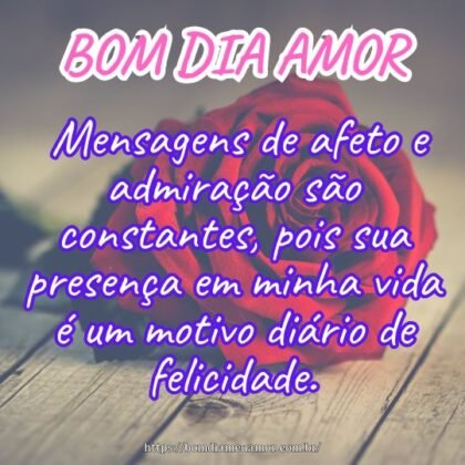 Bom dia amor! Mensagens de afeto e admiração são constantes, pois sua presença em minha vida é um motivo diário de felicidade. Bom dia amor! Mensagens de afeto e admiração são constantes, pois sua presença em minha vida é um motivo diário de felicidade.