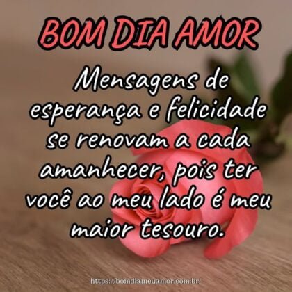 Bom dia amor! Mensagens de esperança e felicidade se renovam a cada amanhecer, pois ter você ao meu lado é meu maior tesouro. Bom dia amor! Mensagens de esperança e felicidade se renovam a cada amanhecer, pois ter você ao meu lado é meu maior tesouro.