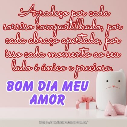 Bom dia meu amor! Agradeço por cada sorriso compartilhado, por cada abraço apertado, por isso cada momento ao seu lado é único e precioso. Bom dia meu amor! Agradeço por cada sorriso compartilhado, por cada abraço apertado, por isso cada momento ao seu lado é único e precioso.