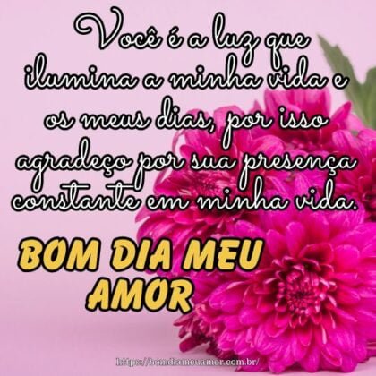 Bom dia meu amor! Você é a luz que ilumina a minha vida e os meus dias, por isso agradeço por sua presença constante em minha vida. Bom dia meu amor! Você é a luz que ilumina a minha vida e os meus dias, por isso agradeço por sua presença constante em minha vida.