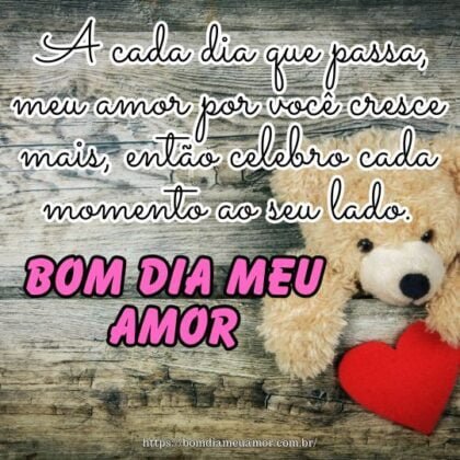Bom dia meu amor! A cada dia que passa, meu amor por você cresce mais, então celebro cada momento ao seu lado. Bom dia meu amor! A cada dia que passa, meu amor por você cresce mais, então celebro cada momento ao seu lado.
