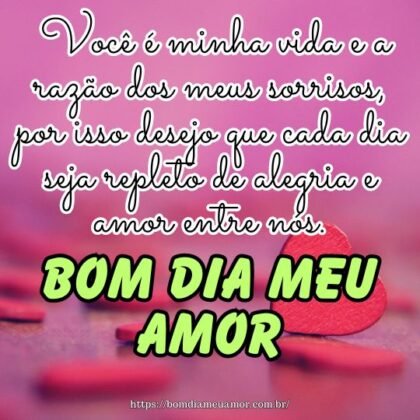 Bom dia meu amor! Você é minha vida e a razão dos meus sorrisos, por isso desejo que cada dia seja repleto de alegria e amor entre nós. Bom dia meu amor! Você é minha vida e a razão dos meus sorrisos, por isso desejo que cada dia seja repleto de alegria e amor entre nós.