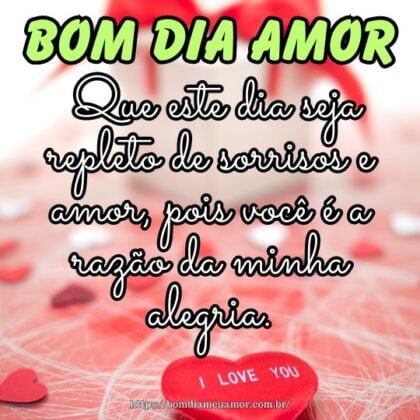 Bom dia meu amor! Que este dia seja repleto de sorrisos e amor, pois você é a razão da minha alegria. Bom dia meu amor! Que este dia seja repleto de sorrisos e amor, pois você é a razão da minha alegria.