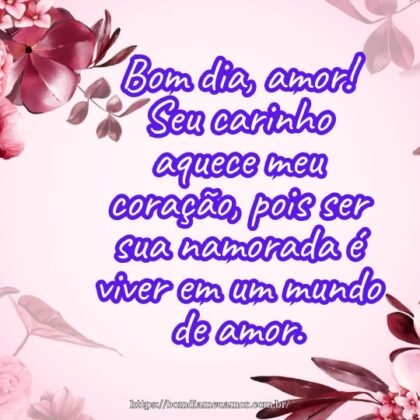 Bom dia, amor! Seu carinho aquece meu coração, pois ser sua namorada é viver em um mundo de amor. Bom dia, amor! Seu carinho aquece meu coração, pois ser sua namorada é viver em um mundo de amor.