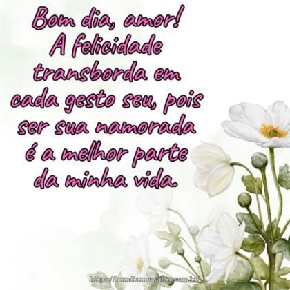 Bom dia, amor! A felicidade transborda em cada gesto seu, pois ser sua namorada é a melhor parte da minha vida. Bom dia, amor! A felicidade transborda em cada gesto seu, pois ser sua namorada é a melhor parte da minha vida.