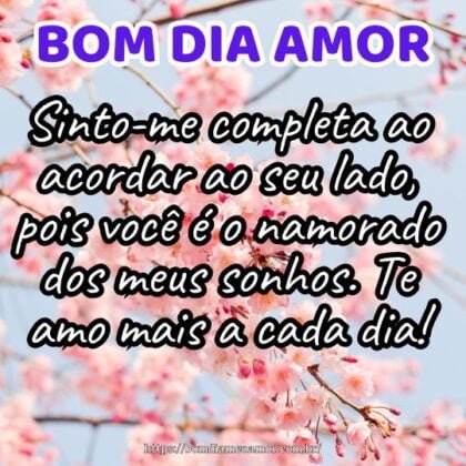 Bom dia amor! Sinto-me completa ao acordar ao seu lado, pois você é o namorado dos meus sonhos. Te amo mais a cada dia! Bom dia amor! Sinto-me completa ao acordar ao seu lado, pois você é o namorado dos meus sonhos. Te amo mais a cada dia!