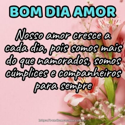 Bom dia amor! Nosso amor cresce a cada dia, pois somos mais do que namorados, somos cúmplices e companheiros para sempre. Bom dia amor! Nosso amor cresce a cada dia, pois somos mais do que namorados, somos cúmplices e companheiros para sempre.