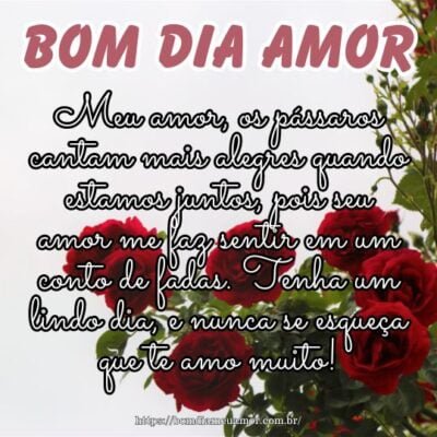 Meu amor, os pássaros cantam mais alegres quando estamos juntos, pois seu amor me faz sentir em um conto de fadas. Tenha um lindo dia, e nunca se esqueça que te amo muito! Meu amor, os pássaros cantam mais alegres quando estamos juntos, pois seu amor me faz sentir em um conto de fadas. Tenha um lindo dia, e nunca se esqueça que te amo muito!