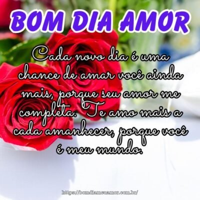 Cada novo dia é uma chance de amar você ainda mais, porque seu amor me completa. Te amo mais a cada amanhecer, porque você é meu mundo. Bom dia amor! Cada novo dia é uma chance de amar você ainda mais, porque seu amor me completa. Te amo mais a cada amanhecer, porque você é meu mundo. Bom dia amor!