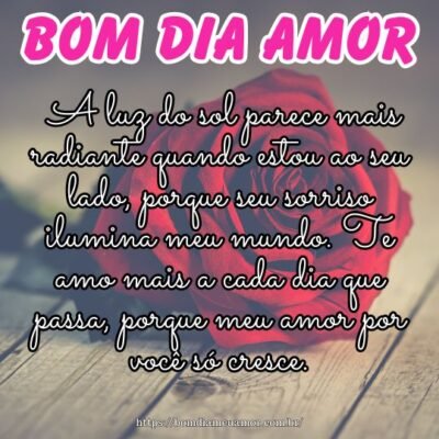 Bom dia meu amor! A luz do sol parece mais radiante quando estou ao seu lado, porque seu sorriso ilumina meu mundo. Te amo mais a cada dia que passa, porque meu amor por você só cresce. Bom dia meu amor! A luz do sol parece mais radiante quando estou ao seu lado, porque seu sorriso ilumina meu mundo. Te amo mais a cada dia que passa, porque meu amor por você só cresce.