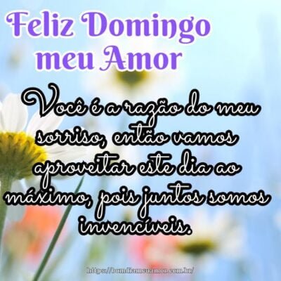 Feliz domingo meu amor! Você é a razão do meu sorriso, então vamos aproveitar este dia ao máximo, pois juntos somos invencíveis. Feliz domingo meu amor! Você é a razão do meu sorriso, então vamos aproveitar este dia ao máximo, pois juntos somos invencíveis.
