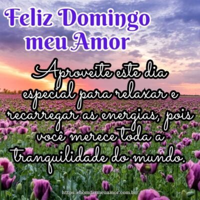 Feliz domingo meu amor! Aproveite este dia especial para relaxar e recarregar as energias, pois você merece toda a tranquilidade do mundo. Feliz domingo meu amor! Aproveite este dia especial para relaxar e recarregar as energias, pois você merece toda a tranquilidade do mundo.