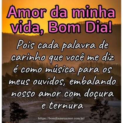 Amor da minha vida, bom dia! Pois cada palavra de carinho que você me diz é como música para os meus ouvidos, embalando nosso amor com doçura e ternura Amor da minha vida, bom dia! Pois cada palavra de carinho que você me diz é como música para os meus ouvidos, embalando nosso amor com doçura e ternura