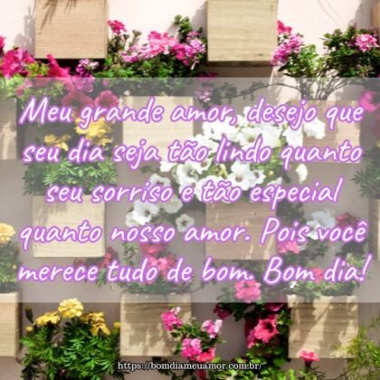 Meu grande amor, desejo que seu dia seja tão lindo quanto seu sorriso e tão especial quanto nosso amor. Pois você merece tudo de bom. Bom dia! Meu grande amor, desejo que seu dia seja tão lindo quanto seu sorriso e tão especial quanto nosso amor. Pois você merece tudo de bom. Bom dia!