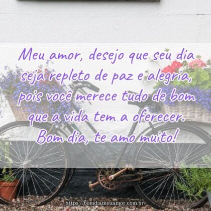 Meu amor, desejo que seu dia seja repleto de paz e alegria, pois você merece tudo de bom que a vida tem a oferecer. Bom dia, te amo muito! Meu amor, desejo que seu dia seja repleto de paz e alegria, pois você merece tudo de bom que a vida tem a oferecer. Bom dia, te amo muito!