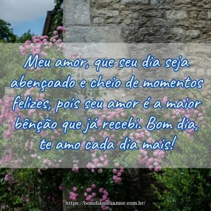 Meu amor, que seu dia seja abençoado e cheio de momentos felizes, pois seu amor é a maior bênção que já recebi. Bom dia, te amo cada dia mais! Meu amor, que seu dia seja abençoado e cheio de momentos felizes, pois seu amor é a maior bênção que já recebi. Bom dia, te amo cada dia mais!
