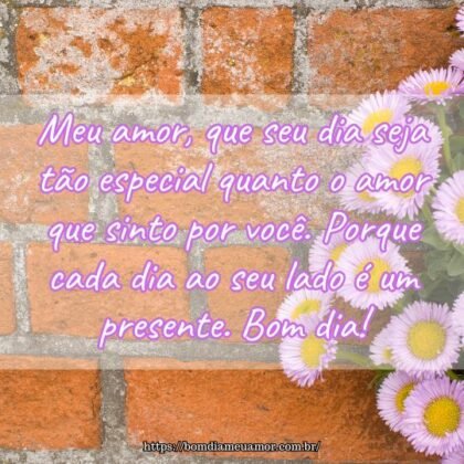 Meu amor, que seu dia seja tão especial quanto o amor que sinto por você. Porque cada dia ao seu lado é um presente. Bom dia! Meu amor, que seu dia seja tão especial quanto o amor que sinto por você. Porque cada dia ao seu lado é um presente. Bom dia!