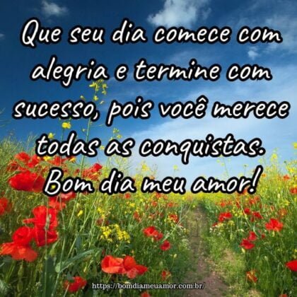 Que seu dia comece com alegria e termine com sucesso, pois você merece todas as conquistas. Bom dia meu amor! Que seu dia comece com alegria e termine com sucesso, pois você merece todas as conquistas. Bom dia meu amor!
