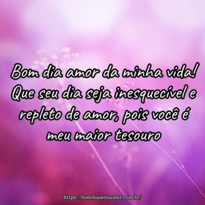 Bom dia amor da minha vida! Que seu dia seja inesquecível e repleto de amor, pois você é meu maior tesouro. Bom dia amor da minha vida! Que seu dia seja inesquecível e repleto de amor, pois você é meu maior tesouro.