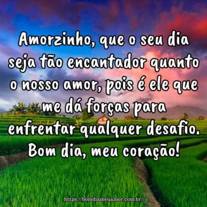 Amorzinho, que o seu dia seja tão encantador quanto o nosso amor, pois é ele que me dá forças para enfrentar qualquer desafio. Bom dia, meu coração! Amorzinho, que o seu dia seja tão encantador quanto o nosso amor, pois é ele que me dá forças para enfrentar qualquer desafio. Bom dia, meu coração!