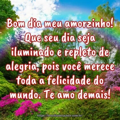 Bom dia meu amorzinho! Que seu dia seja iluminado e repleto de alegria, pois você merece toda a felicidade do mundo. Te amo demais! Bom dia meu amorzinho! Que seu dia seja iluminado e repleto de alegria, pois você merece toda a felicidade do mundo. Te amo demais!