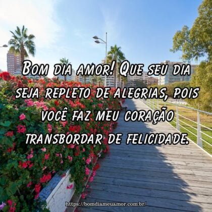 Bom dia amor! Que seu dia seja repleto de alegrias, pois você faz meu coração transbordar de felicidade. Bom dia amor! Que seu dia seja repleto de alegrias, pois você faz meu coração transbordar de felicidade.
