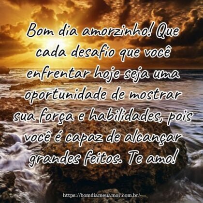 Bom dia amorzinho! Que cada desafio que você enfrentar hoje seja uma oportunidade de mostrar sua força e habilidades, pois você é capaz de alcançar grandes feitos. Te amo! Bom dia amorzinho! Que cada desafio que você enfrentar hoje seja uma oportunidade de mostrar sua força e habilidades, pois você é capaz de alcançar grandes feitos. Te amo!
