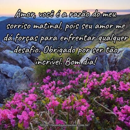 Amor, você é a razão do meu sorriso matinal, pois seu amor me dá forças para enfrentar qualquer desafio. Obrigado por ser tão incrível. Bom dia! Amor, você é a razão do meu sorriso matinal, pois seu amor me dá forças para enfrentar qualquer desafio. Obrigado por ser tão incrível. Bom dia!