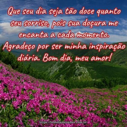 Que seu dia seja tão doce quanto seu sorriso, pois sua doçura me encanta a cada momento. Agradeço por ser minha inspiração diária. Bom dia, meu amor! Que seu dia seja tão doce quanto seu sorriso, pois sua doçura me encanta a cada momento. Agradeço por ser minha inspiração diária. Bom dia, meu amor!