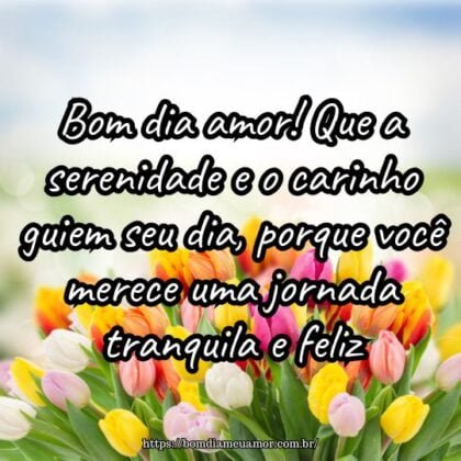 Bom dia amor! Que a serenidade e o carinho guiem seu dia, porque você merece uma jornada tranquila e feliz. Bom dia amor! Que a serenidade e o carinho guiem seu dia, porque você merece uma jornada tranquila e feliz.