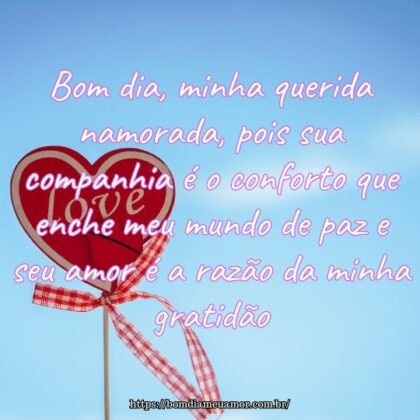 Bom dia, minha querida namorada, pois sua companhia é o conforto que enche meu mundo de paz e seu amor é a razão da minha gratidão. Bom dia, minha querida namorada, pois sua companhia é o conforto que enche meu mundo de paz e seu amor é a razão da minha gratidão.