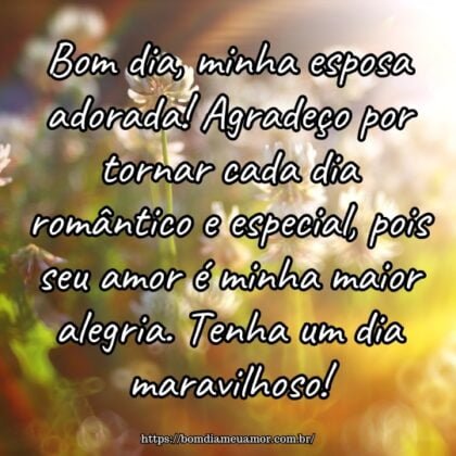 Bom dia, minha esposa adorada! Agradeço por tornar cada dia romântico e especial, pois seu amor é minha maior alegria. Tenha um dia maravilhoso! Bom dia, minha esposa adorada! Agradeço por tornar cada dia romântico e especial, pois seu amor é minha maior alegria. Tenha um dia maravilhoso!