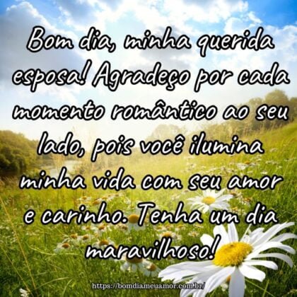 Bom dia, minha querida esposa! Agradeço por cada momento romântico ao seu lado, pois você ilumina minha vida com seu amor e carinho. Tenha um dia maravilhoso! Bom dia, minha querida esposa! Agradeço por cada momento romântico ao seu lado, pois você ilumina minha vida com seu amor e carinho. Tenha um dia maravilhoso!