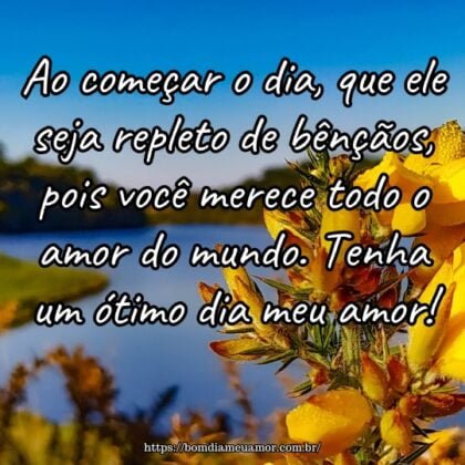 Ao começar o dia, que ele seja repleto de bênçãos, pois você merece todo o amor do mundo. Tenha um ótimo dia meu amor! Ao começar o dia, que ele seja repleto de bênçãos, pois você merece todo o amor do mundo. Tenha um ótimo dia meu amor!