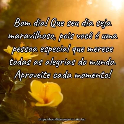 Bom dia! Que seu dia seja maravilhoso, pois você é uma pessoa especial que merece todas as alegrias do mundo. Aproveite cada momento! Bom dia! Que seu dia seja maravilhoso, pois você é uma pessoa especial que merece todas as alegrias do mundo. Aproveite cada momento!