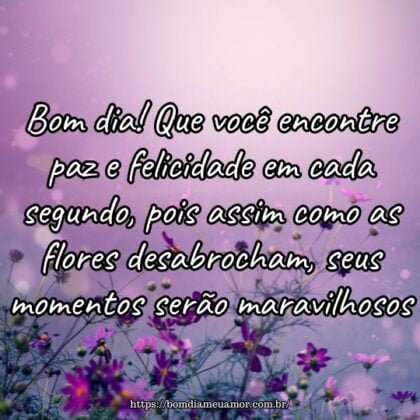 Bom dia! Que você encontre paz e felicidade em cada segundo, pois assim como as flores desabrocham, seus momentos serão maravilhosos. Bom dia! Que você encontre paz e felicidade em cada segundo, pois assim como as flores desabrocham, seus momentos serão maravilhosos.